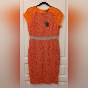 BCBGMaxAzria Coral Lace Midi Dress with Beige Waistband